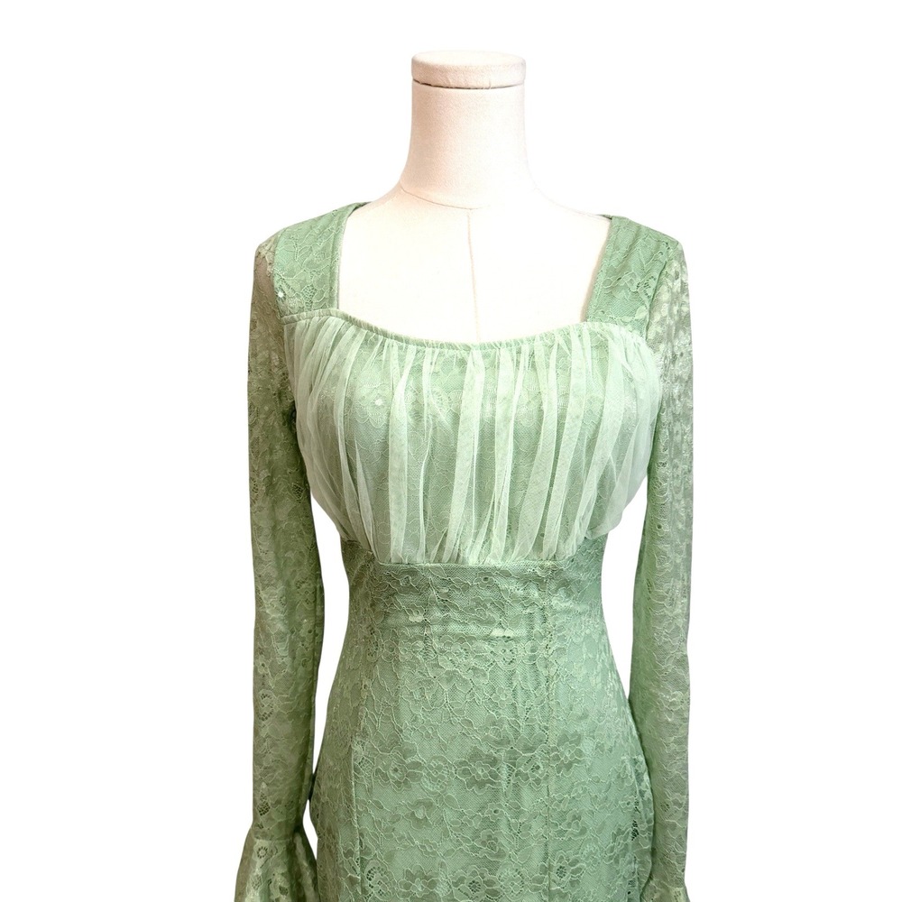 Lace Mesh Maxi Dress S Coquette Fiary Prom Gown Romantic Feminine Pastel Mint - Picture 2 of 9